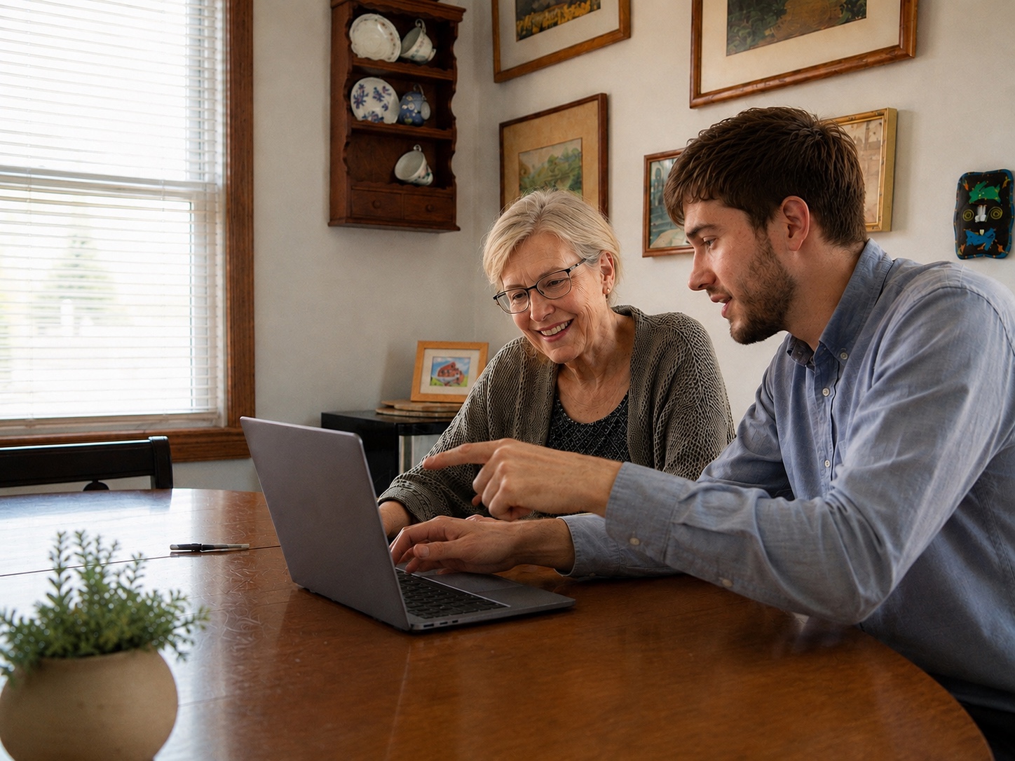 John helping a customer with a laptop at her home