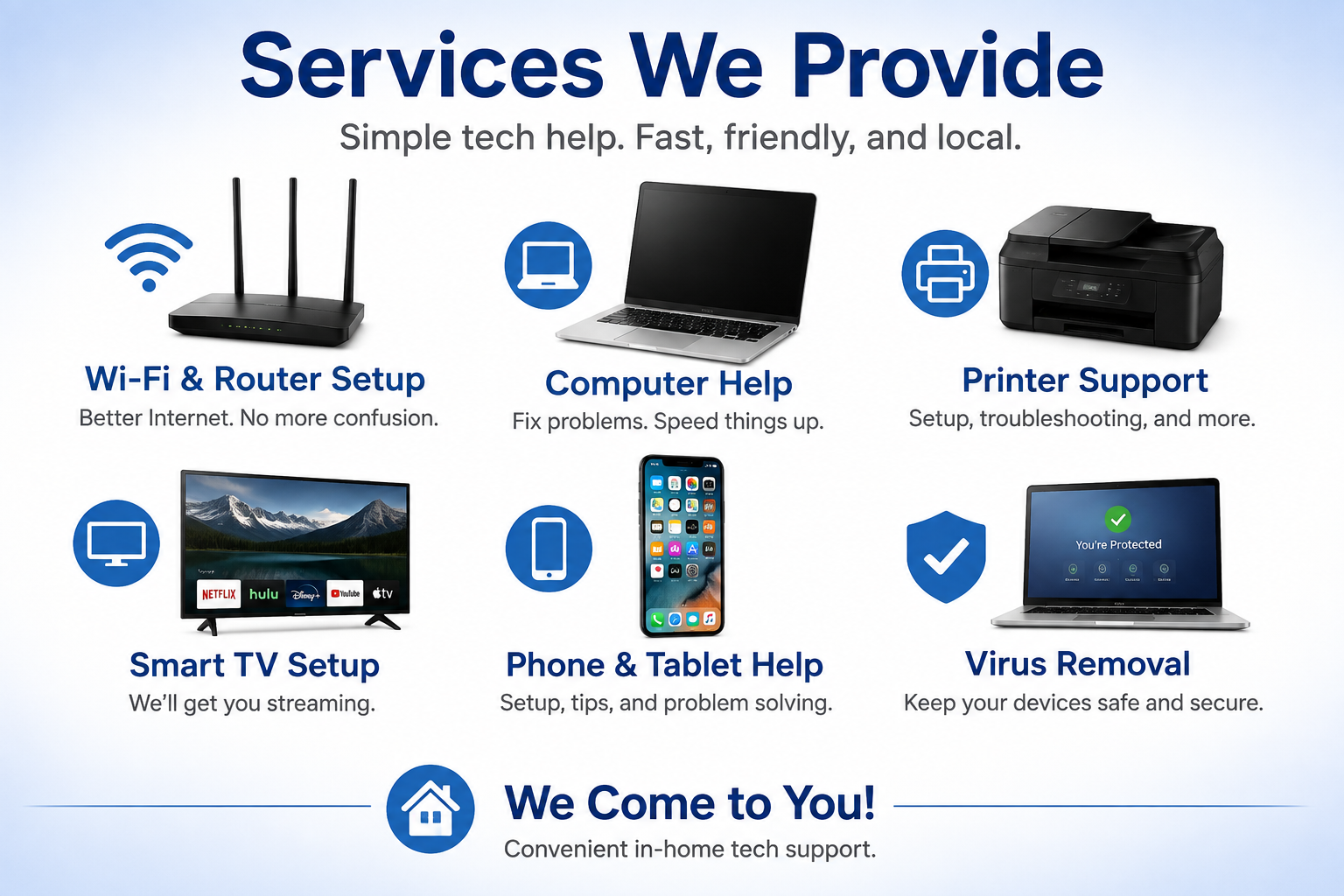 Services including Wi-Fi setup, computer help, printer support, smart TV setup, phone and tablet help, and virus removal